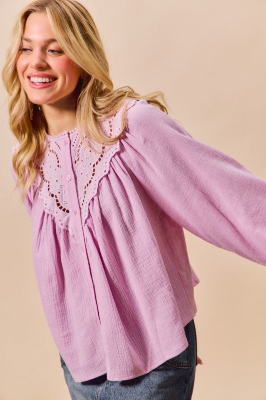 GAUZE LACE TRIM BLOUSE