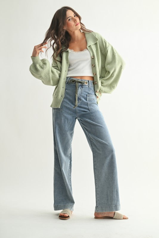 Cozy Pastel Cardigan With Floral Embellishments