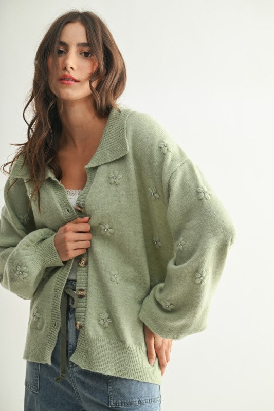 Cozy Pastel Cardigan With Floral Embellishments