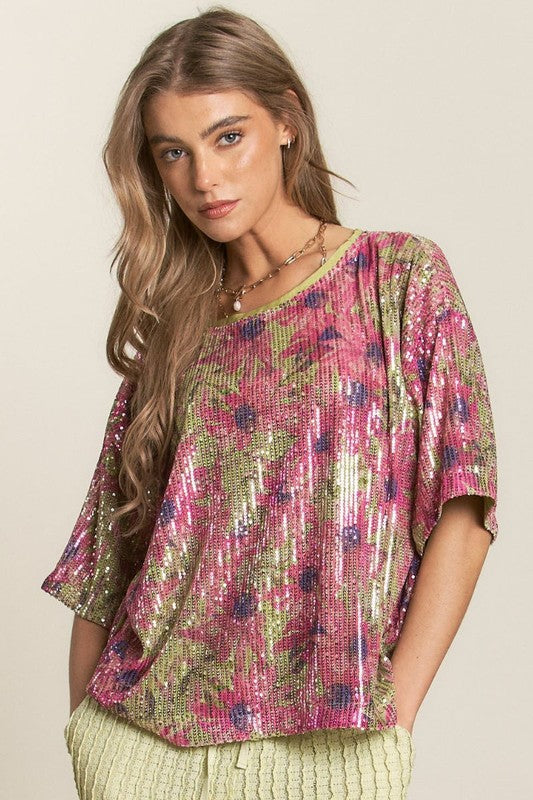 Casual Flower Print Sequins Top