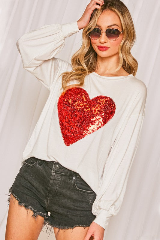 SEQUIN HEART PATCH KNIT TOP